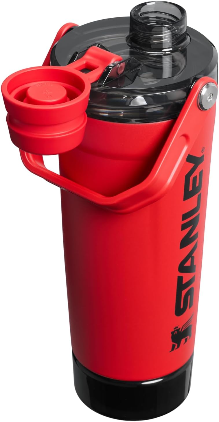 STANLEY Vitalize Shaker Bottle 20 oz - Leakproof Insulated Stainless Steel | Fast Flow Lid & Base Storage | BPA-Free | Chili Black