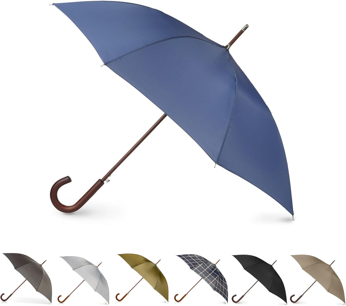 Tote's Men's Eco-Friendly Auto Open Wooden Handle J Stick Umbrella - Durable & Stylish Design