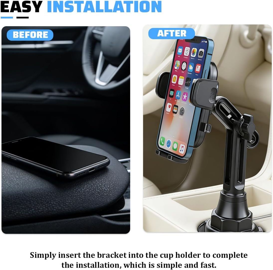 Car Cup Phone Holder, 360° Rotation Adjustable Vehicle Cup Cell Phone Mount with Expandable Base, Automotive Interior Smartphone Holder, Universal for SUV RV Truck