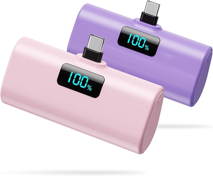 [2-Pack]Small Portable Charger 5200mAh, Upgraded PD USB C Power Bank Built-in USB-C Connector,LCD Display Battery Pack Compatible with iPhone 15/15 Plus/15 Pro/15 Pro Max/Samsung Android(Pink+Purple)