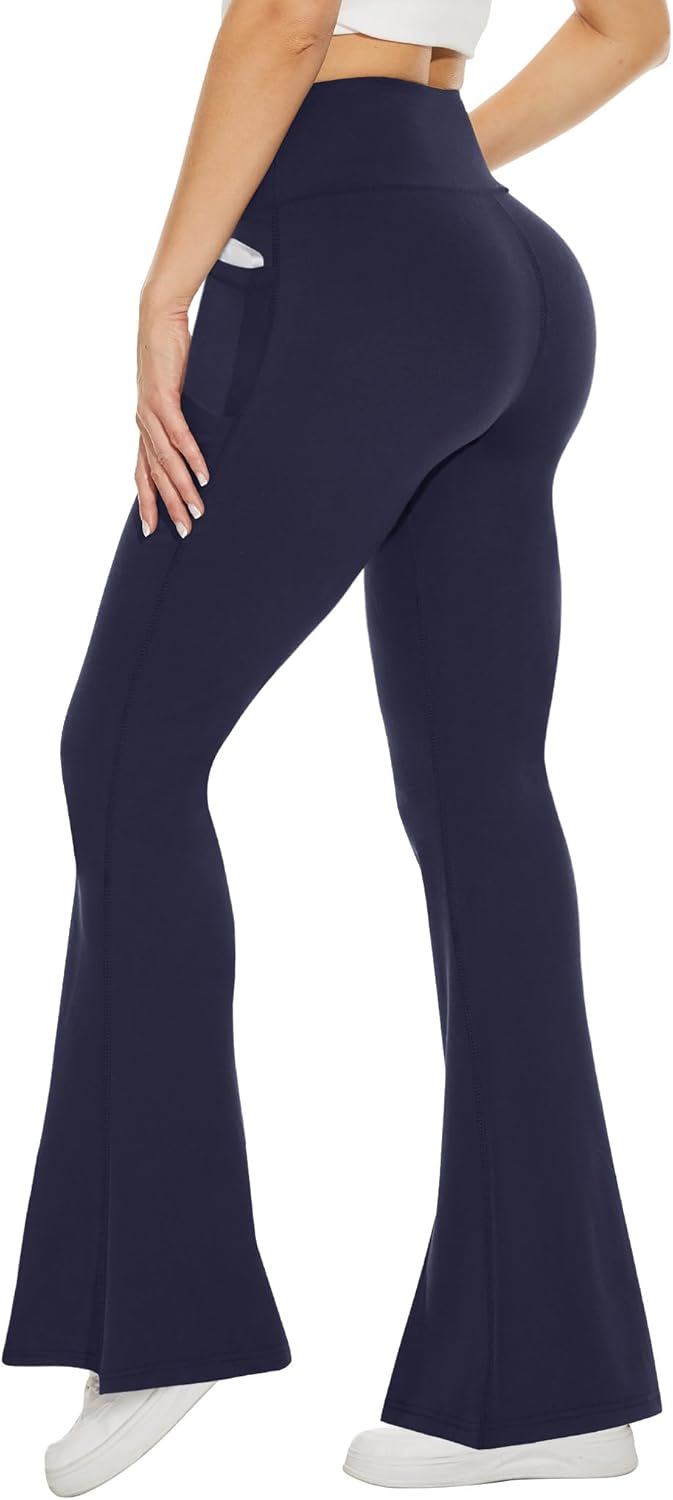 TNNZEET Black Flare Leggings - Crossover Yoga Pants with Pockets | Stylish Bootcut Design