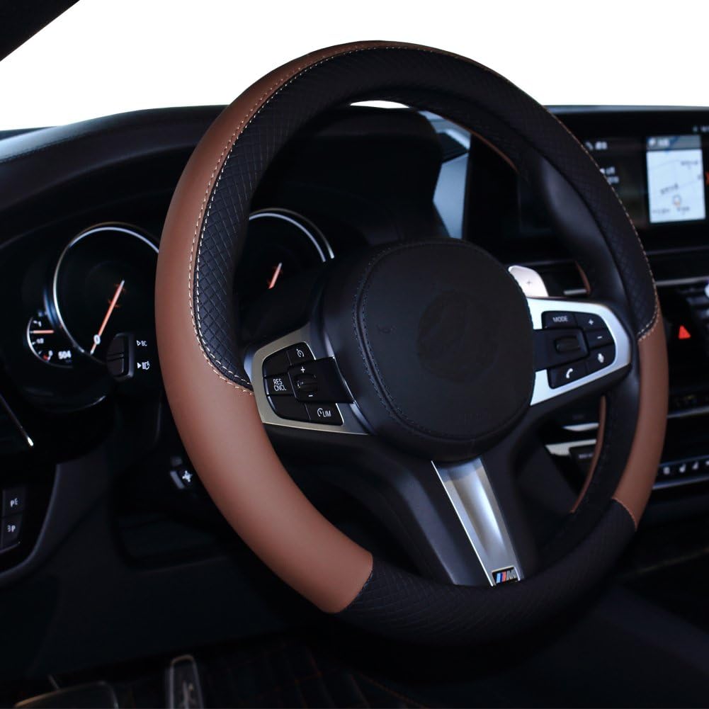 SHIAWASENA Car Steering Wheel Cover, Leather, Universal 15 Inch Fit, Anti-Slip & Odor-Free (Black&Brown)
