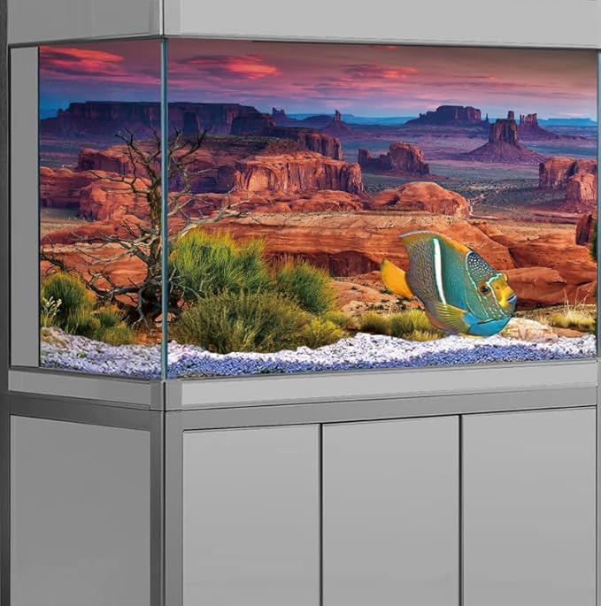 48X24IN Desert Loess Rock Cactus Oasis Reptile Habitat Background, Natural Sunset Desert Themed Terrarium Background, Aquarium Background with 10 EVA Double-Sided Tape