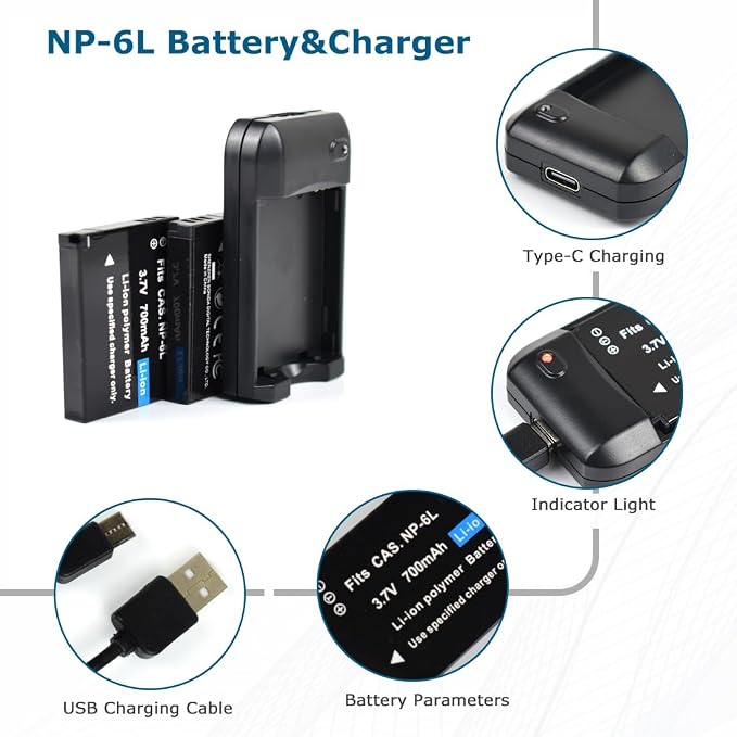 NP-6L Battery Charger + 2 pcs Rechargeable 3.7V 700mAh Batteries