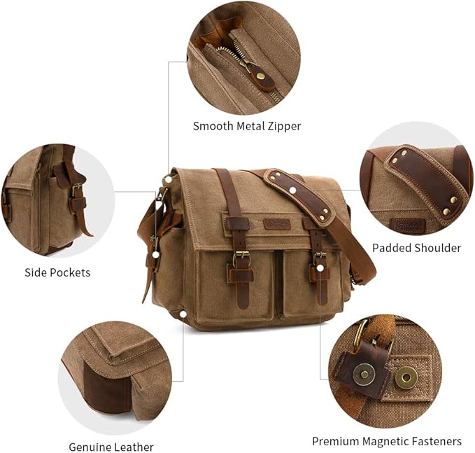 Kattee Leather Canvas Camera Bag Vintage DSLR SLR Messenger Shoulder Bag