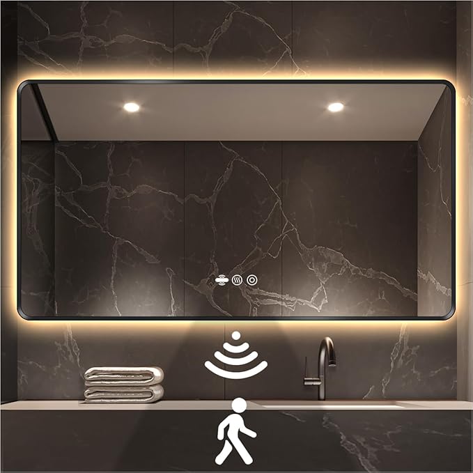 42 x 36 Black LED Bathroom Mirror, Metal Framed Rounded Corner Rectangle Backlit Mirror Bathroom, Anti-Fog, 3-Color Stepless Dimmable Lighted Mirror, Motion Sensor Lights, Memory Function
