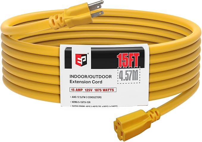 EP 12/3 15 FT Indoor Outdoor Yellow Extension Cord Waterproof, 12 Gauge 3 Prong Power Cord Flexible Resistant Appliance Extension Cable Electric Cable Outside, 15A 1875W 12AWG SJTW, ETL Listed