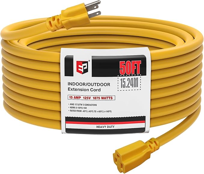 EP 12/3 50 FT Indoor Outdoor Yellow Extension Cord Waterproof, 12 Gauge 3 Prong Power Cord Flexible Resistant Appliance Extension Cable Electric Cable Outside, 15A 1875W 12AWG SJTW, ETL Listed