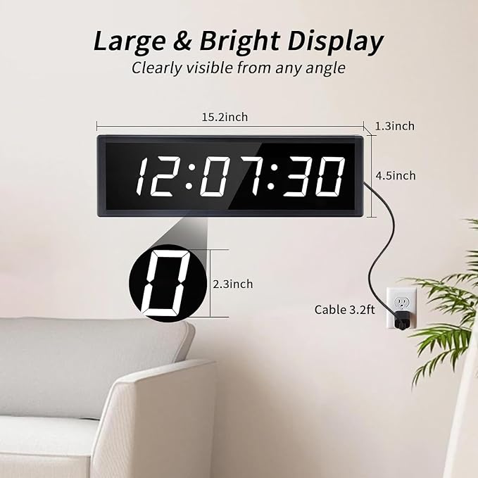 Large Digital Wall Clock with Remote Control, LED Stopwatch Timer, Count Up