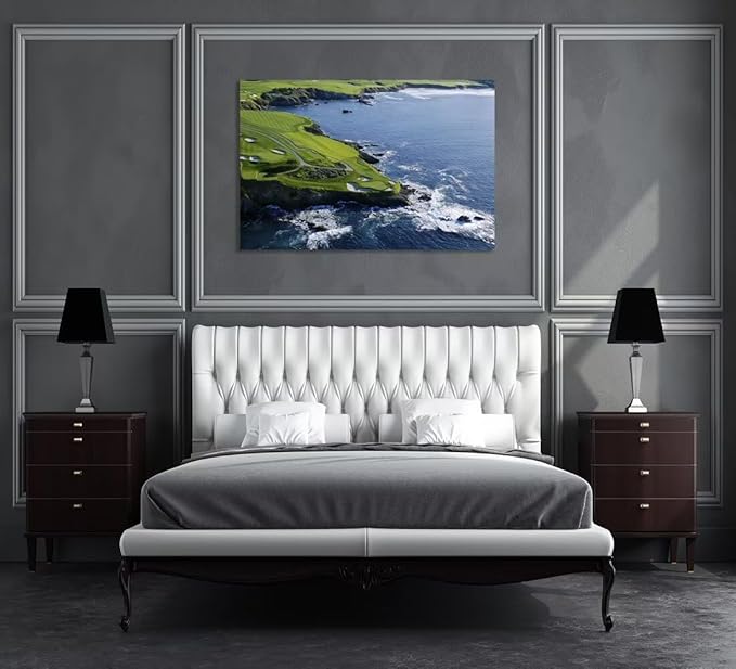 Pebble Beach Golf Course Canvas Wall Art for Living Room Bedroom Bathrooom Home Decorations California Coastal Golf Course Picture Poster Framed Artwork Ready to Hang(28''H x 44''W)
