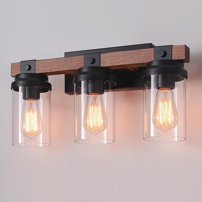 3 Light Farmhouse Vanity Light, Rustic Black Bathroom Light Over Mirror with Clear Glass Shade, Wood Grain Vintage Farmhouse Wall Sconces for Bathroom, Living Room, Hallway