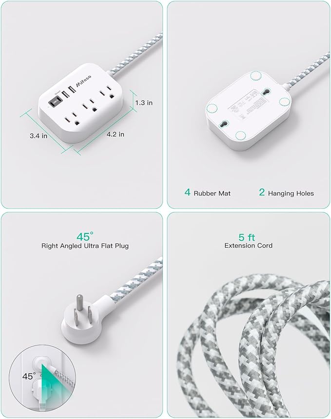 Dorm Essentials, PD20W USB Power Strip, 5Ft Flat Extension Cord with Multiple Outlets, USB Charging Station with Non Surge Protector for Cruise Ship, Travel, Cruise Ship Essentials