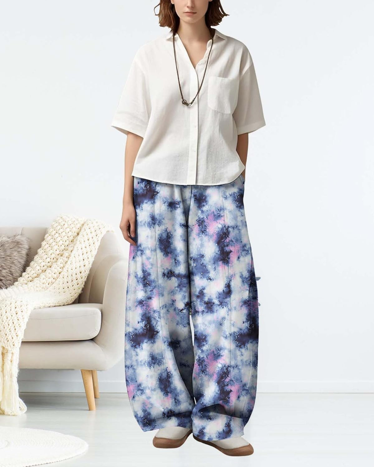 Skiennix Women's High Waist Wide-Leg Pants - Vibrant Color Print | Casual Summer Fashion with Pockets