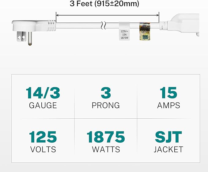 FIRMERST 1875W Flat Plug Extension Cord 3 Feet 14 AWG 15A White, 1 Pack