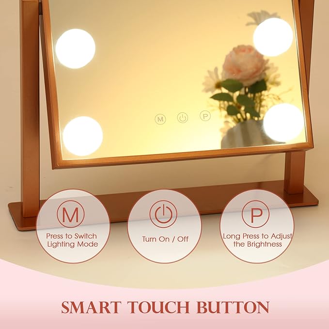 Makeup Mirror with Lights, Hollywood Mirror Lighted Vanity Mirror with 9 LED Bulbs, Touch Control Design 3 Colors Dimmable Bulbs Detachable 10X Magnification 360°Rotation(Rose Pink)