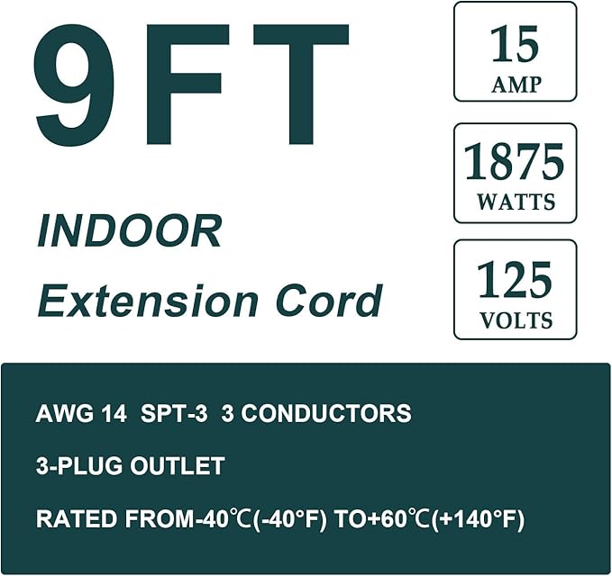 EP 9 Ft Heavy Duty Appliance Extension Cord - 14 Gauge 3 Prong Grounded Cable Wire, Ideal for Air Conditioners, Refrigerators, Microwaves, Washing Machines & More - Indoor Use, Gray