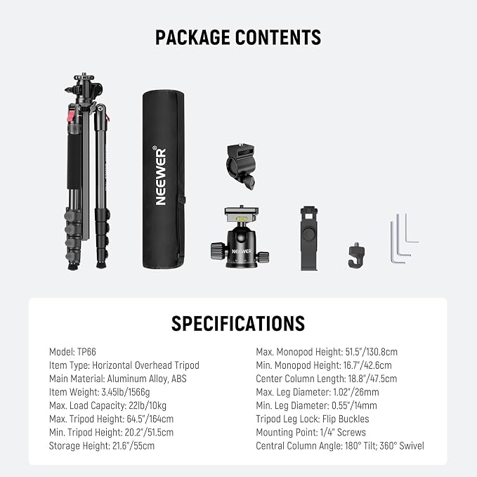 NEEWER Basics 64.5" Horizontal Overhead Tripod Monopod