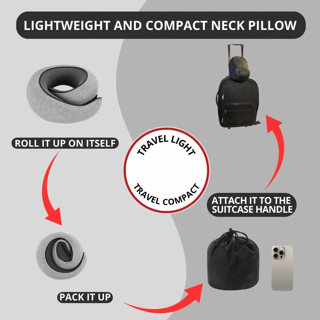 Neck Pillow | Compact Travel Pillows for Airplanes, Car Trips and Home Comfort| Foldable Memory Foam Neck Support | Size Adjustable for Adults and Kids | Lightweight (0.60 Pounds) and U-Shape Design