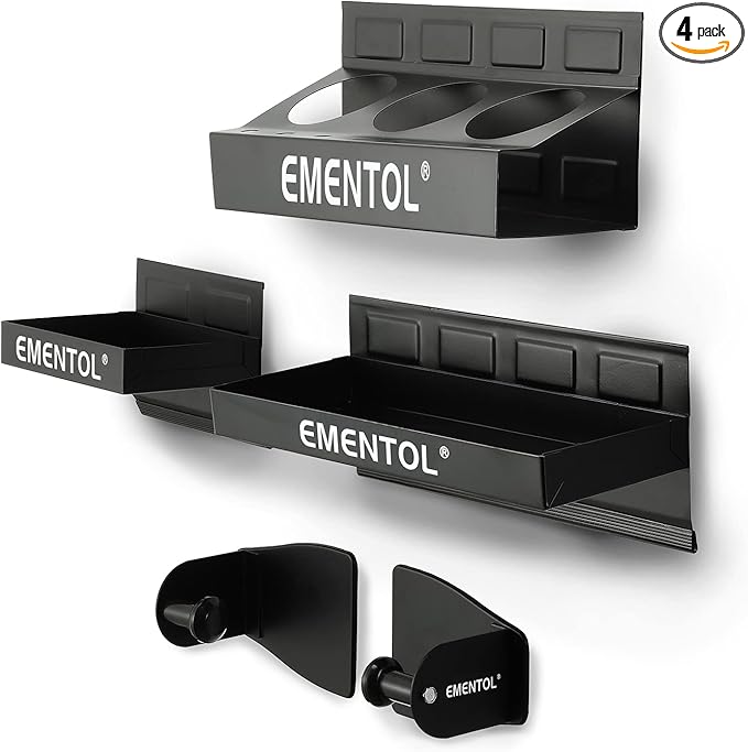 EMENTOL 4PCS Magnetic Tool Shelf Set, Tray, Paper Towel Holder, for Tool Organizer, Magnets Any Metal Surface, Black