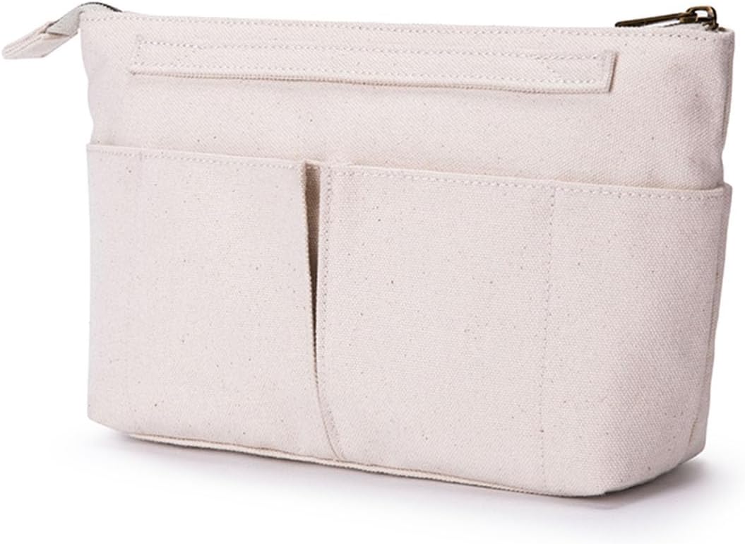Tote Organizer Insert Purse Organizer for Handbags Cotton Canvas Simple Style Multiple Compartments (Beige)