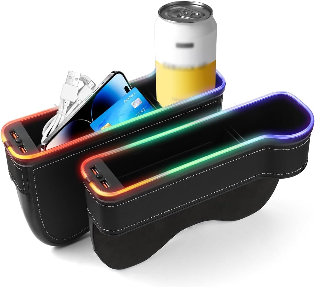 Shademax LED Car Seat Gap Filler Organizer Console Side Storage Box Between Seats with Cup Holders RGB Color Changing Storage Front Seat Gap Filler with USB Charging Car Interior Accessories (2 Pack)