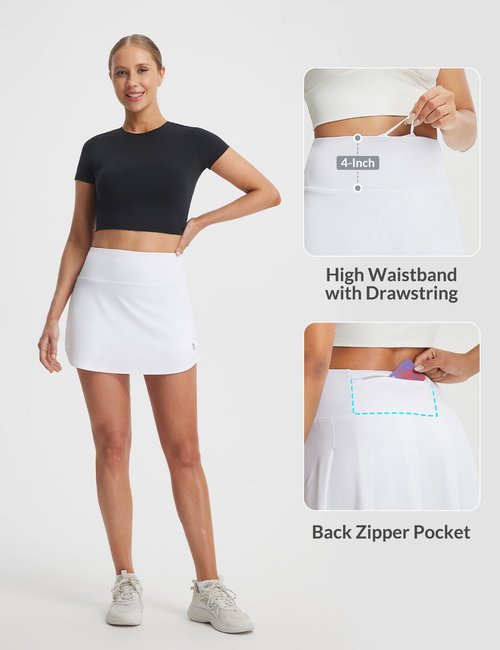 baleaf 14" Tennis Skirt for Women Golf Skorts with Shorts Pockets High Waisted Athletic Workout Running Skirts White S