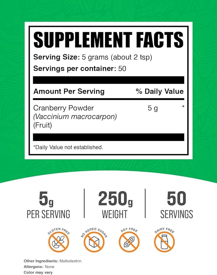 BulkSupplements.com Cranberry Powder - Cranberry Supplements for Women & Men, Dried Cranberries Unsweetened - Gluten Free & Sugar Free, 5g per Serving, 250g (8.8 oz) (Pack of 1)