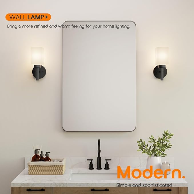 Wall Light Fixture Black Vanity Lighting Over Bathroom Mirror with White Frosted Glass, Wall Lamp for Hallway Washroom Porch Entrance T002MB-L1