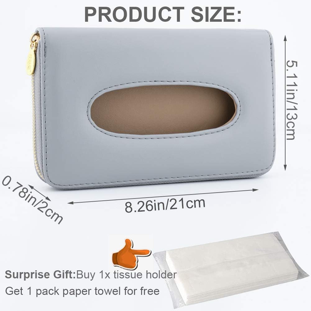 Car Tissue Holder, Sun Visor Tissue Holder, Car Visor Napkin Holder, PU Leather Backseat Tissue Case Holder for Auto Vehicle with Zipper (Grey)