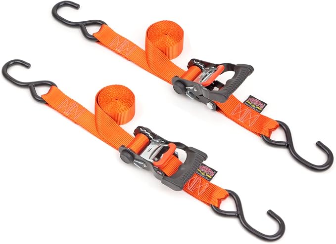 PowerTye 1.5in x 7ft Ergonomic Locking Ratchet Straps with Heavy-Duty S-Hooks - Made in USA - 1,000 lb. Working Load Limit / 3,000 lb. Breaking Strength - Orange (Pair)