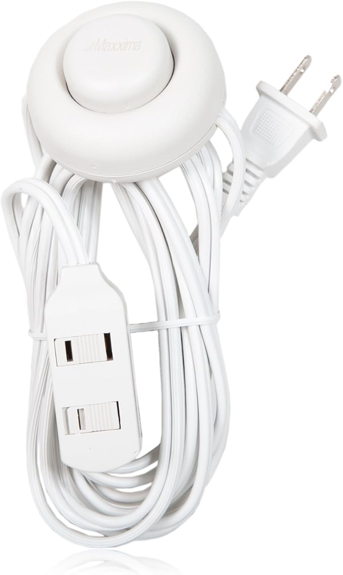 Maxxima 9 ft 3 Outlet Extension Cord - Featuring an Easy to Use On/Off Foot Switch, Ideal to Plug in Lamps, Appliances, Lighting Accessories, or for Senior Living Use, 125VAC - White - Pack of 2