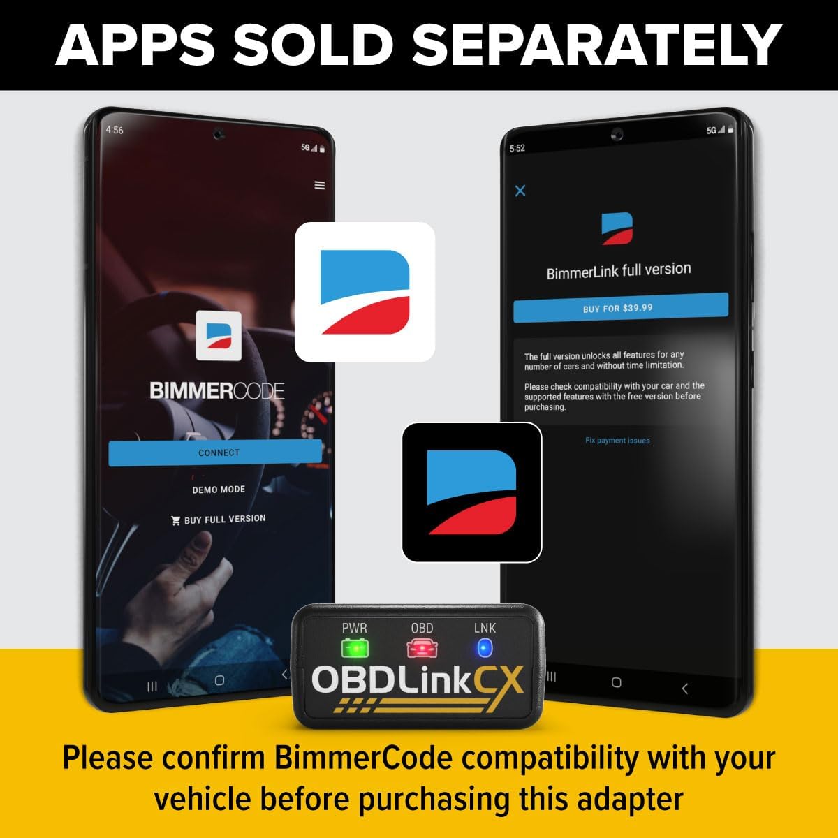 OBDLink CX Bimmercode Bluetooth 5.1 OBD2 Adapter for BMW/Mini, Works with iPhone/iOS & Android, Car Coding, OBD II Diagnostic Scanner