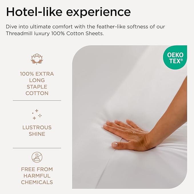 Threadmill Luxury 800 Thread Count King 100% Cotton Sheets - Hotel White Sateen Weave Bed-Sheets, Better Than Egyptian Cotton, 4 Pc Solid Soft Bed Set, Fits 16" Deep Pocket