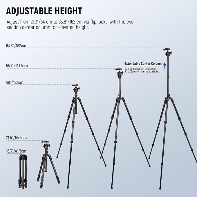 NEEWER Basics Carbon Fiber Travel Tripod, Arca Type Ball Head & Cell Phone