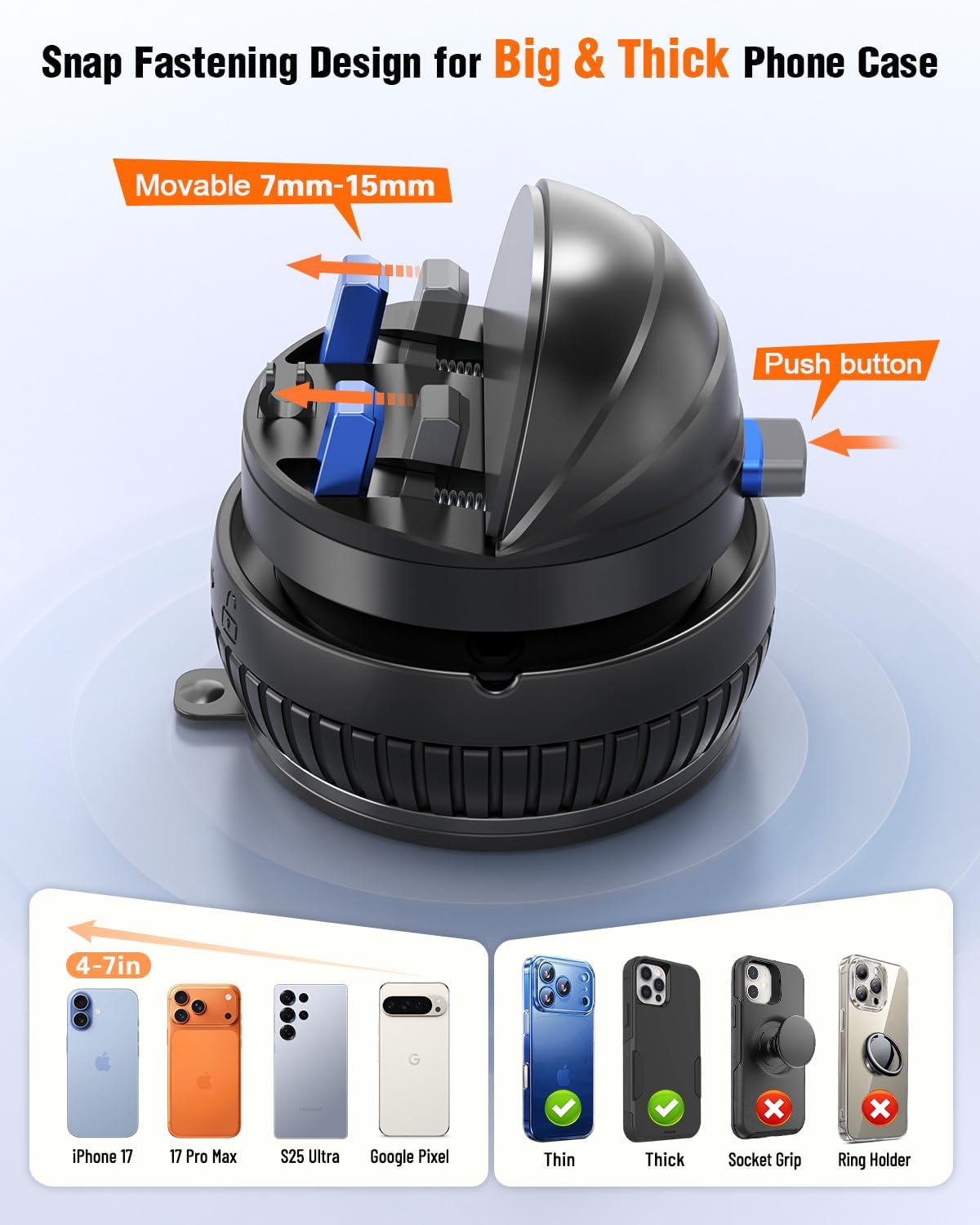 pop-tech Car Suction Dashboard Phone Holder:【360° Rotating & 30° Adjustable】 Vacuum Suction Cup Cell Phone Mount with Anti-Slip Spring Snap, Vehicle Dash Mobile Stand for iPhone Samsung, GPS Device