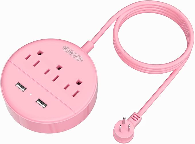 10 ft Long Extension Cord Power Strip with USB, NTONPOWER Pink Charging Station with 3 Outlet and 2 USB, Travel Power Strip Flat Plug, Wall Mount for Home Office Dorm Room and Cruise Ship, ETL Listed