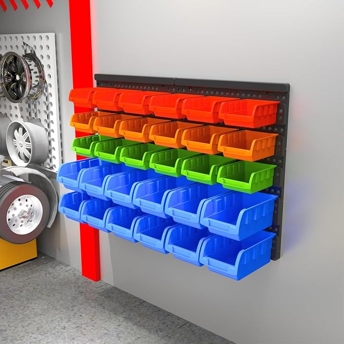 Wall Mounted Storage Bins Parts Rack 4 Colors Garage Plastic Shop Tool Organizer, ABS Plastic Garage Rack, Screw Storage 30 Bins