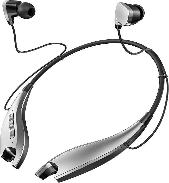 Neckband Bluetooth Headphones, 24H Playtime, Noise Isolation, Silver | Around The Neck Headphones Shark Jaw Design, Bluetooth Headsets with Call Vibration, Earbuds Built-in Mic/IPX7 Waterproof