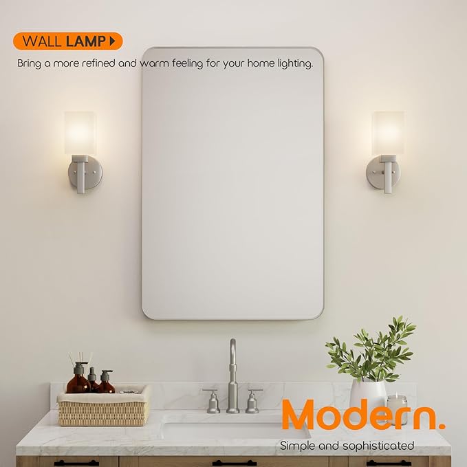 Bathroom Light Fixtures Brushed Nickel Vanity Light with White Frosted Glass Shade, Wall Lamps for Mirror Kitchen Bedroom Porch, 2 Pack T002BR-L1-P2