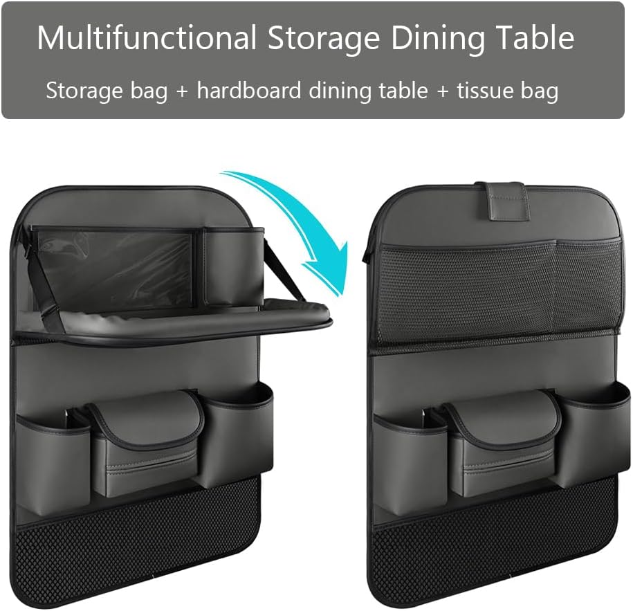 2PCS Car Backseat Organizer Seat Back Protectors Kick Mats with Foldable Table Tray, PU Leather Car Storage Organizer with Tablet Holder, Car Tissue Holder Kids Toys Storage Travel Accessories (Gray)