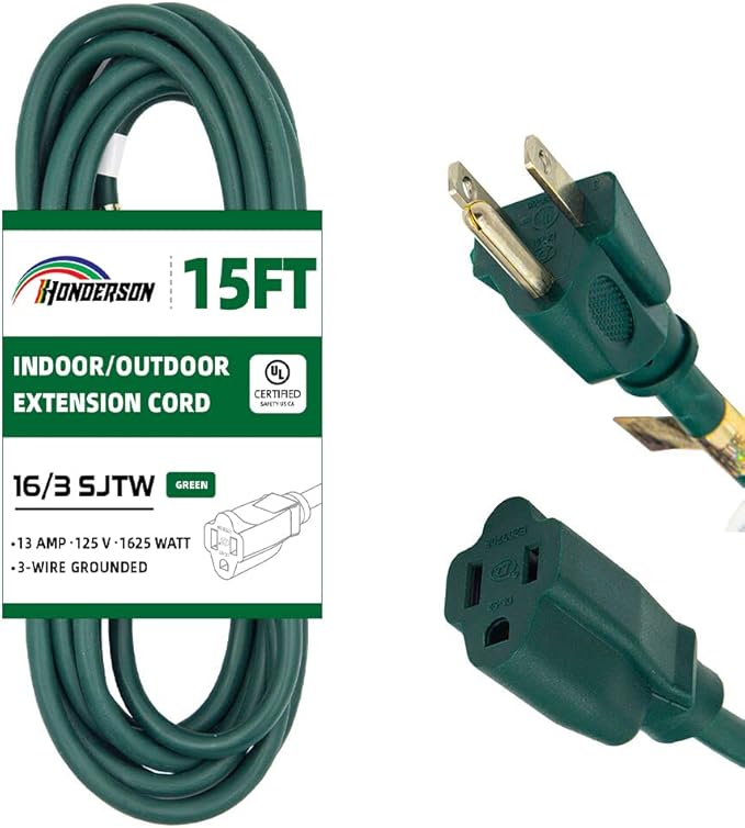 15FT Outdoor Extension Cord-16/3 SJTW Durable Green Extension Cable with 3 Prong Grounded Plug for Safety,Great for Outside Christmas Decorations