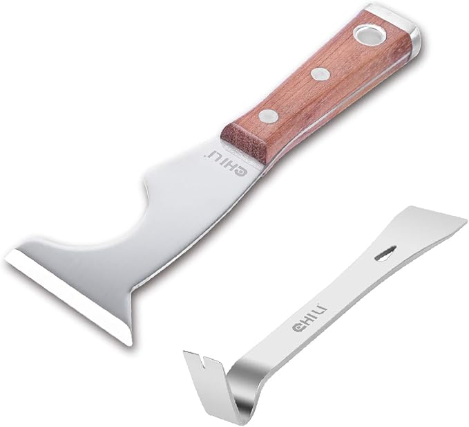 CHILI Tools 7/8" Wide Mini Pry Bar With Flat End + CHILI Tools 5 IN 1 Paint Scraper With Wooden Handle Hammer End (Paint Scraper & Mini Pry Bar)