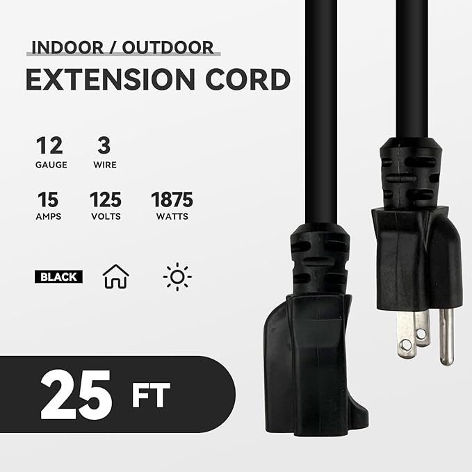 25 FT Outdoor Heavy Duty Extension Cord - 12/3 SJTW 15 AMP Indoor Power Cord with 3 Prong Grounded Plug for Lawn Mower, Appliances, Workshop, Lights Water Resistant Flexible Cable Black.
