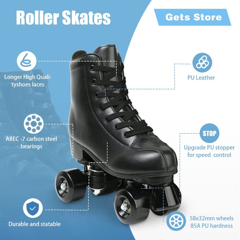 Womens Roller Skates Light Up Wheels, Artificial Leather Adjustable Double Row 4 Wheels Roller Skates Shiny Skates for Teens,Adult (Black Wheel,40-US: 8.5)