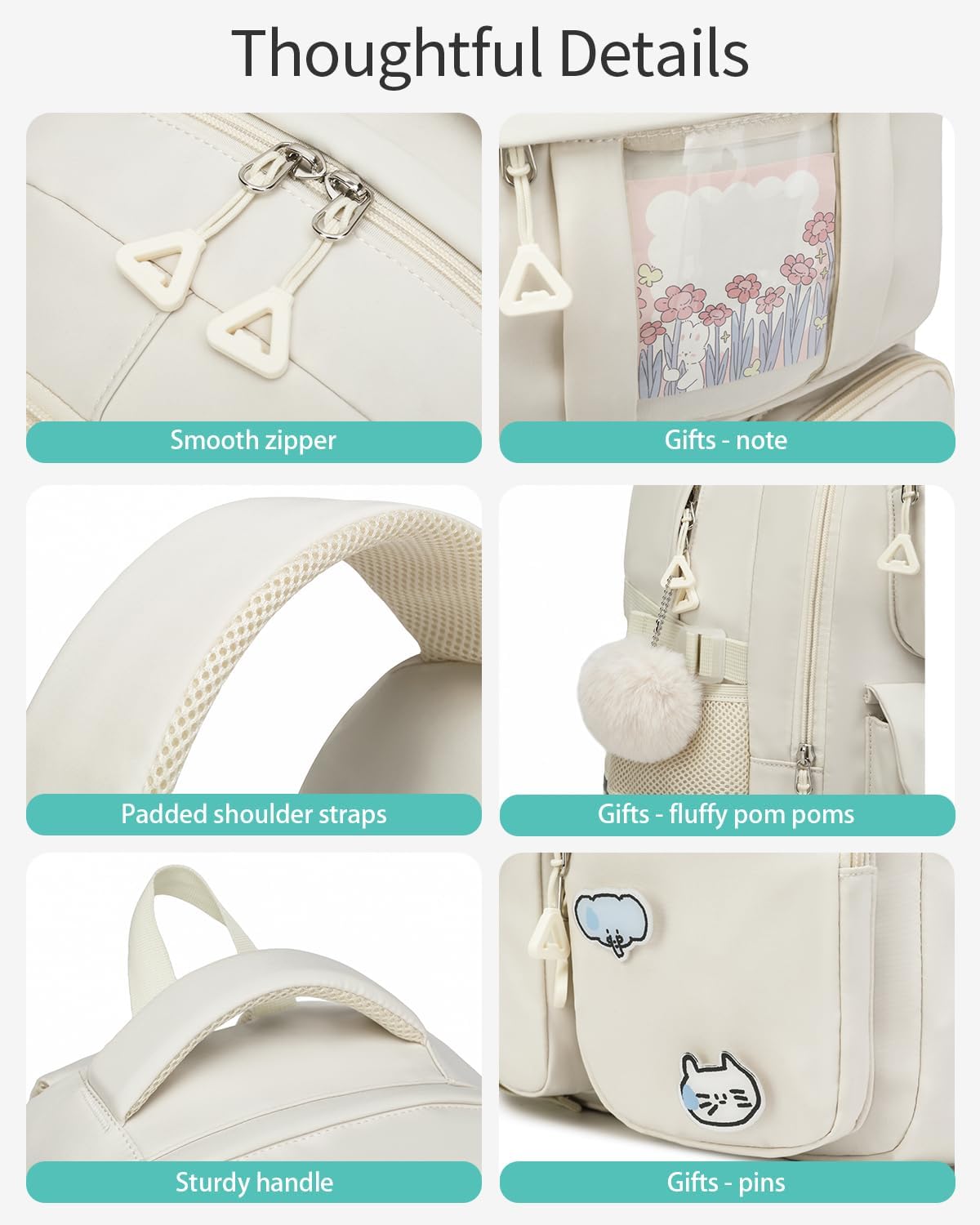 Skiennix School Backpack - Cute 15.6in Laptop Bag for Teen Girls | Aesthetic Beige Bookbag