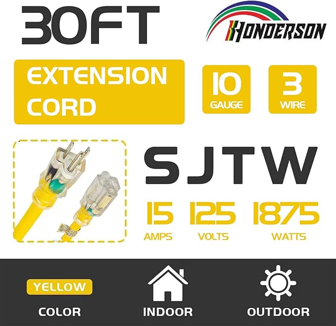 Indoor Outdoor Extension Cord Weatherproof with Lighted End, UL Listed, 10 Gauge 30FT Yellow 3 Prong Heavy Duty, 10/3 SJTW 15A Power Cord for Outdoor Lights, Lawn