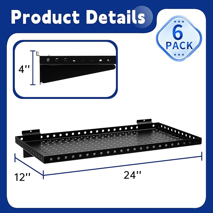 Heavy Duty Slatwall Shelf 24x12Inch, Steel Slatwall Accessories Storage Rack for Garage, Retail, Workshop (6, 24x12Inch)