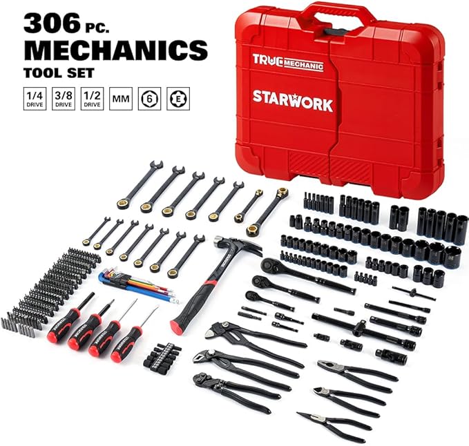 STARWORK TRUE MECHANIC 306-Piece Mechanics Tool Set and Socket Set, Comprehensive Tool Kit, Automotive Repair Tool Set, 【Pliers Wrench】, Professional