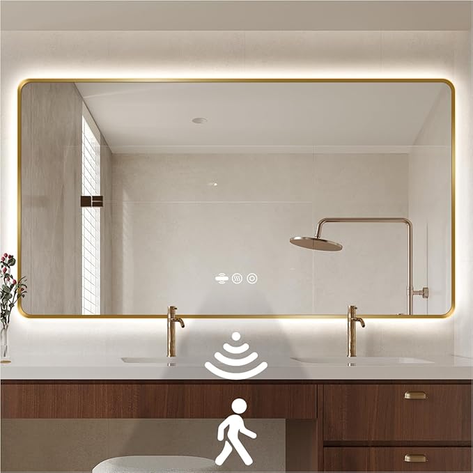 42 x 36 Gold LED Bathroom Mirror, Metal Framed Rounded Corner Rectangle Backlit Mirror Bathroom, Anti-Fog, 3-Color Stepless Dimmable Lighted Mirror, Motion Sensor Lights, Memory Function