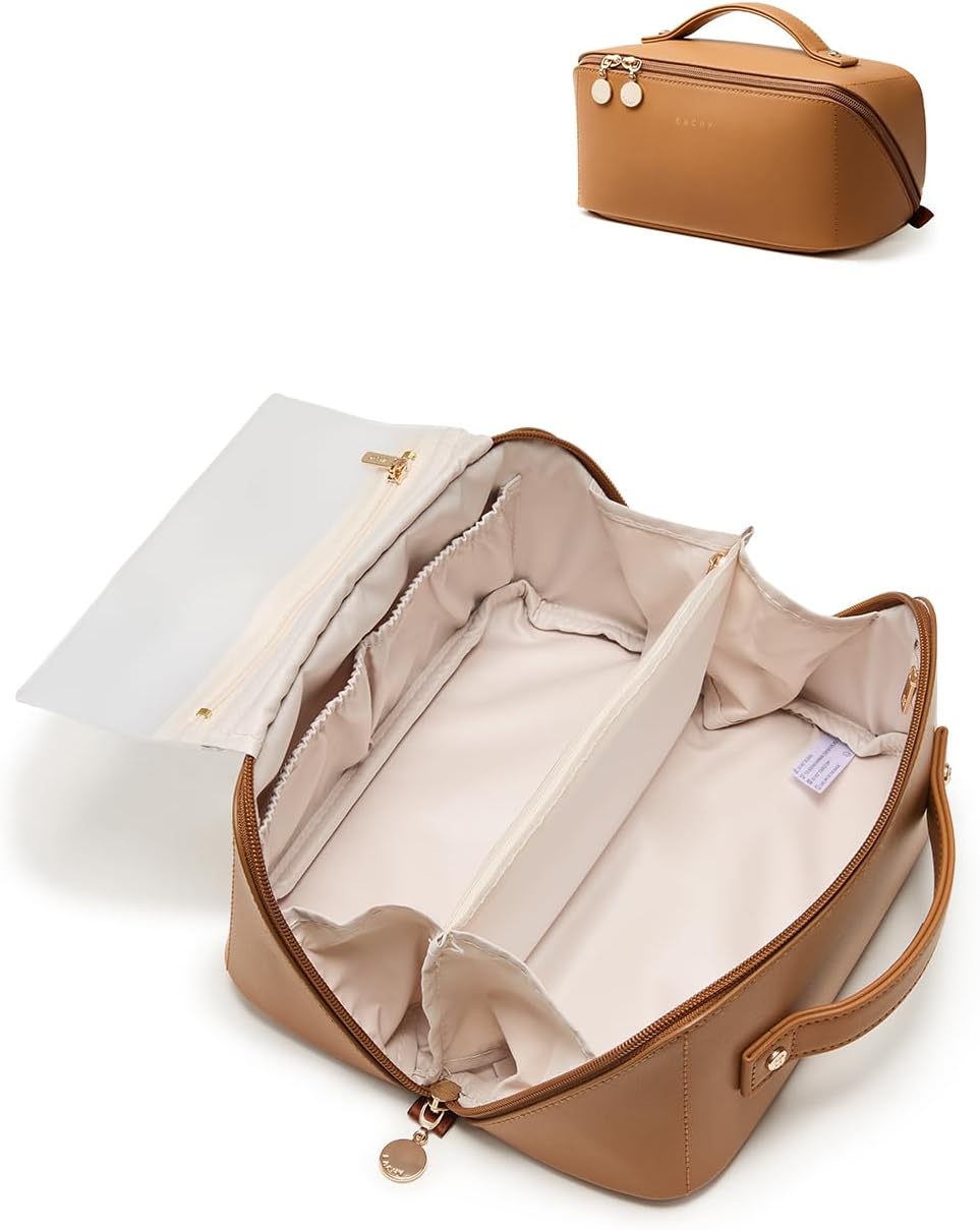 EACHY Travel Makeup Bag for Women, PU Leather Cosmetic Bag, Brown, Medium